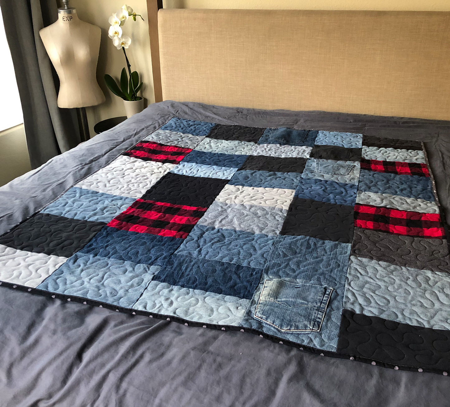 Upcycled Throw Quilt: Black with Buffalo Plaid